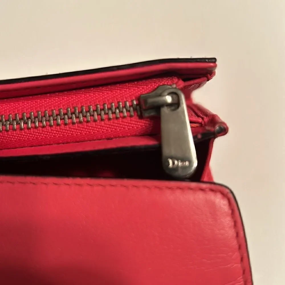 - Authentic Cristian Dior Leather Pink/Coral Wallet on a Chain